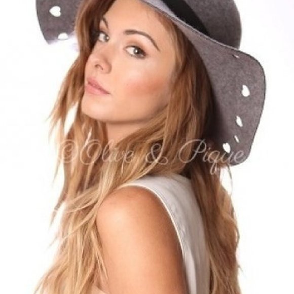 Grey Wool Heart Cutout Brim Floppy Hat with Ribbon Trim - Picture 2 of 5